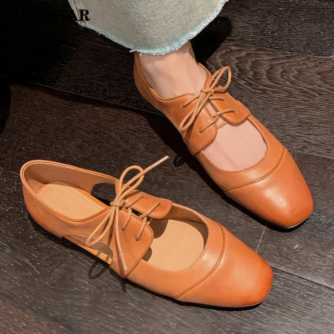 

Women's Genuine Leather Hollow-out Lace-up Flats Summer Oxfords Square Toe High Quality Soft Comfortable Casual Espadrilles Shoe