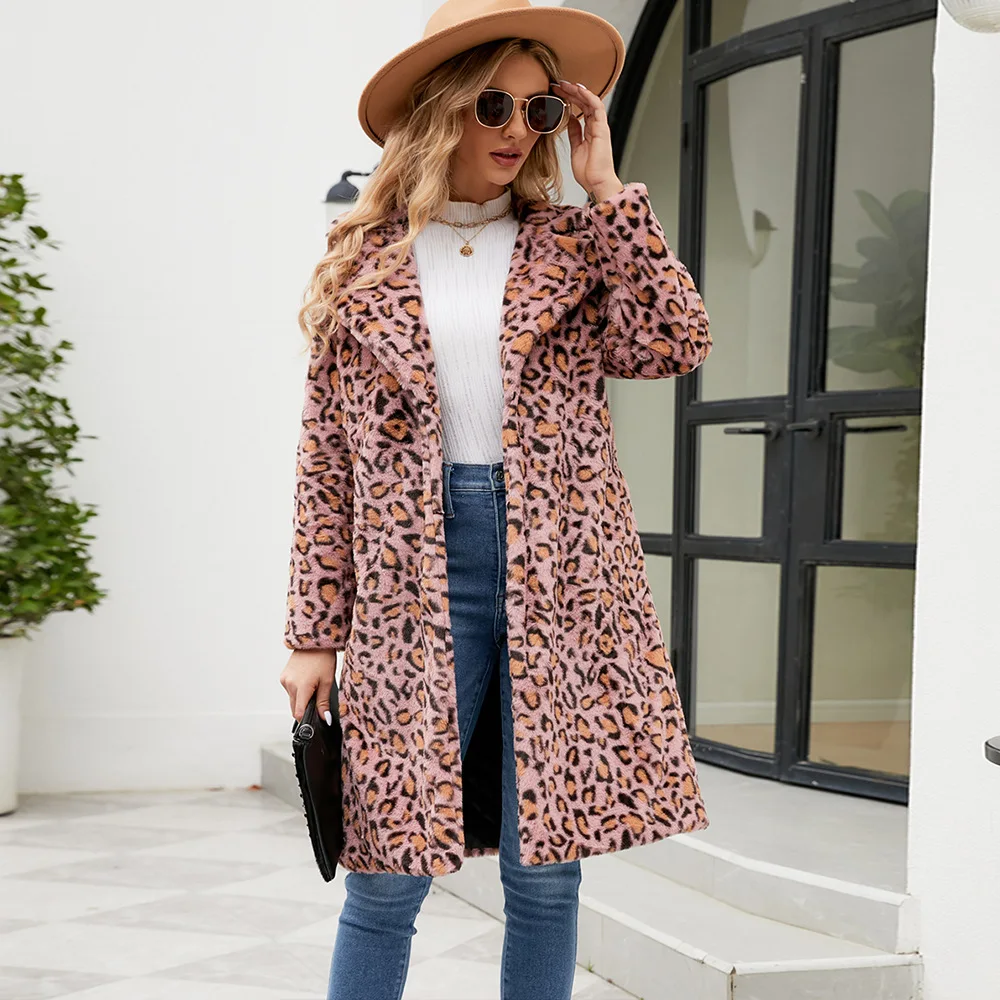 Autumn Winter Fur Coat Women Fashion Casual Square Collar Imitation Leopard Faux Fur Coat Plush Long Coat Winter Jacket 2024