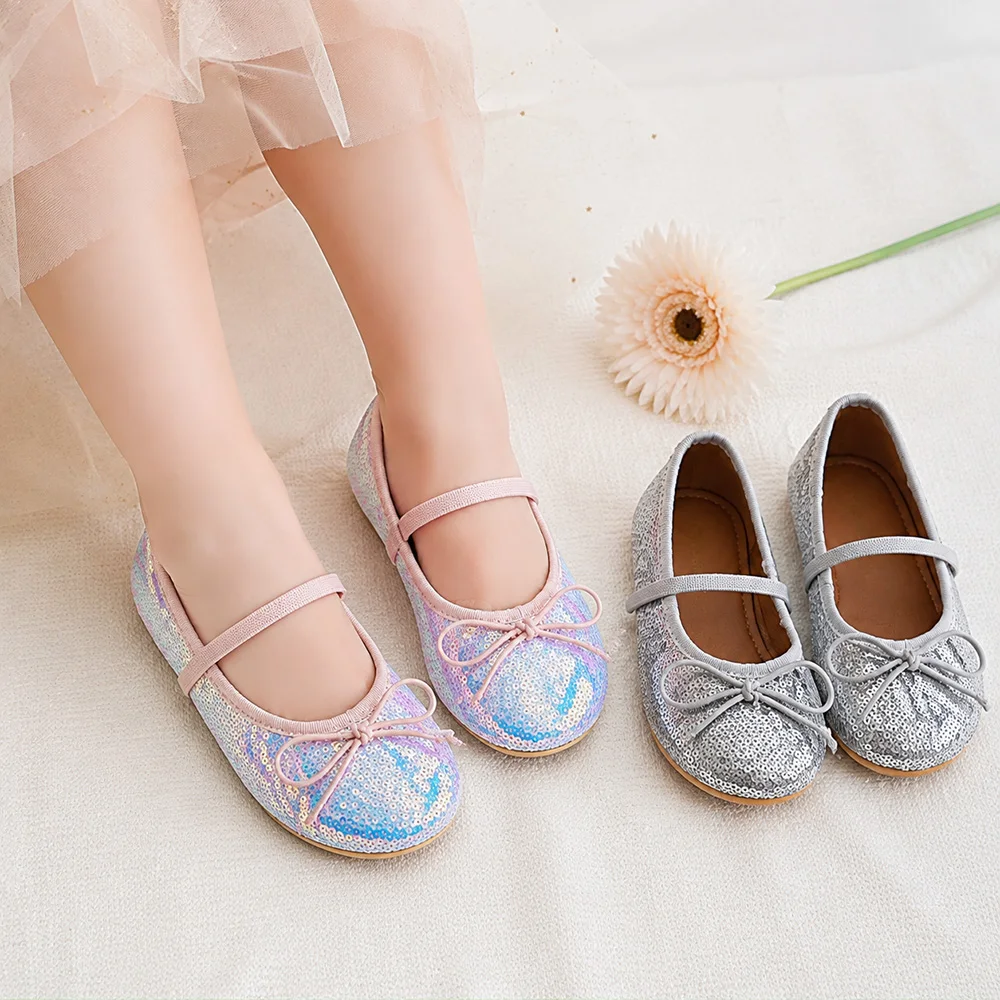 Girls Sequin Mary Jane Shoes, Sparkle Bow Flats for Kids, Princess Dress Shoes, Lightweight Party Shoes with Non Slip Sole