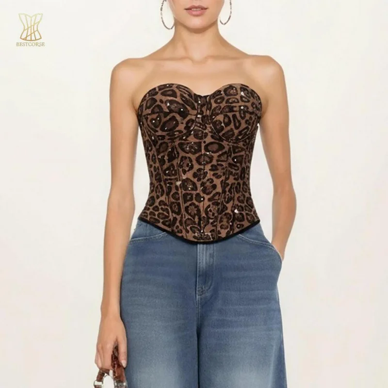

Leopard print brown corset top with zipper Bra for full busts big boobs korset Bustier Crop Tops plus size Women Clothing