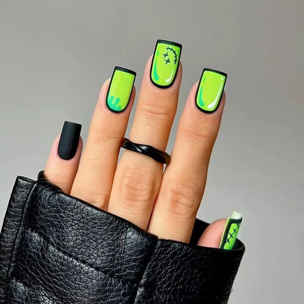 Matte Nails Comic Style False Nails Cobweb Neon Green Y2k Style Press on Nails Coffin Shaped Rose Red Wearable Short Nails