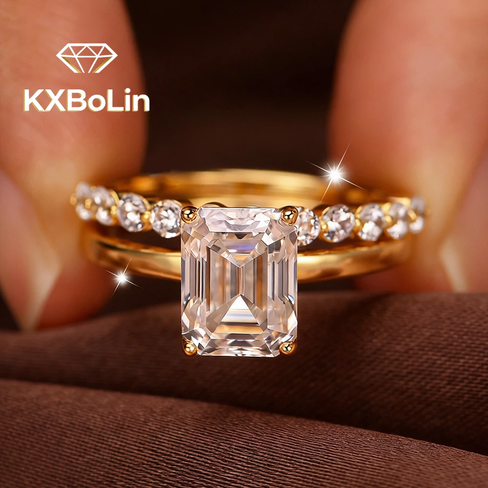 

3Carat Emerald Cut Moissanite Diamond Engagement Rings set for Women 925 Sterling Silver Eternity Wedding Band with Certificate