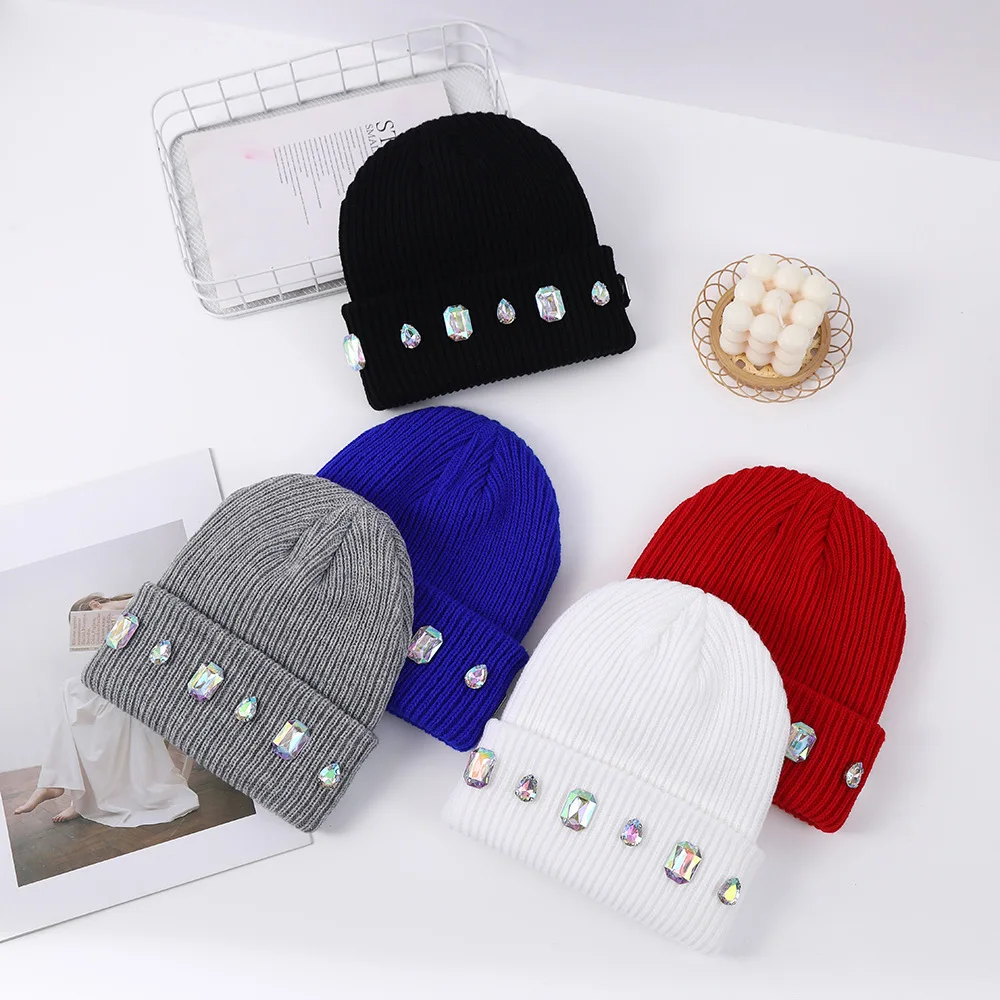 Women Fashion Rhinestone Pearl Wool Knitted Hat Outdoor Warm Ear Protection Beanie Cold Hats Casual Skullies Cap