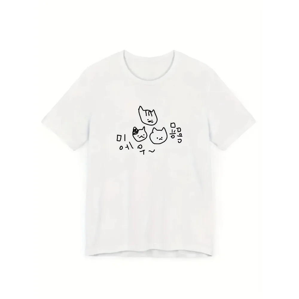 Cute Cartoon Cat Print Short-sleeved T-shirt with Korean Text, Comfortable Street Style Outfit Women Clothing Graphic T Shirts