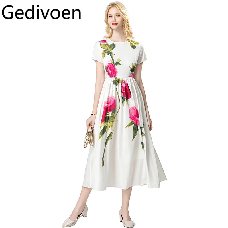 

Gedivoen Fashion design Women's Slim Dress Short-Sleeved Elegant Print Pleated Splicing Casual Holiday Dresses ﻿