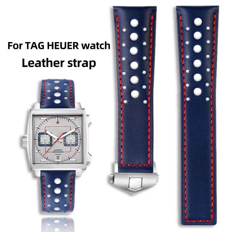 22mm For TAG Heuer Monaco CAW211M 211P CAW211R 211T Series Breathable Genuine Leather Strap Folding Buckle Cowhide Wristband Men