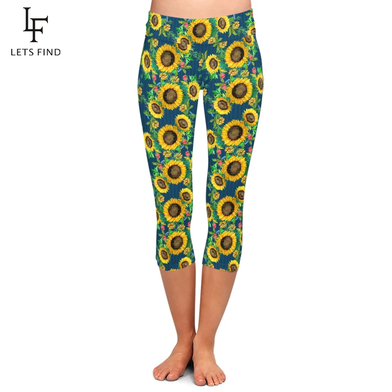 LETSFIND-Leggings Capri con estampado 3D de girasoles para mujer, pantalones de Fitness suaves de cintura alta, novedad