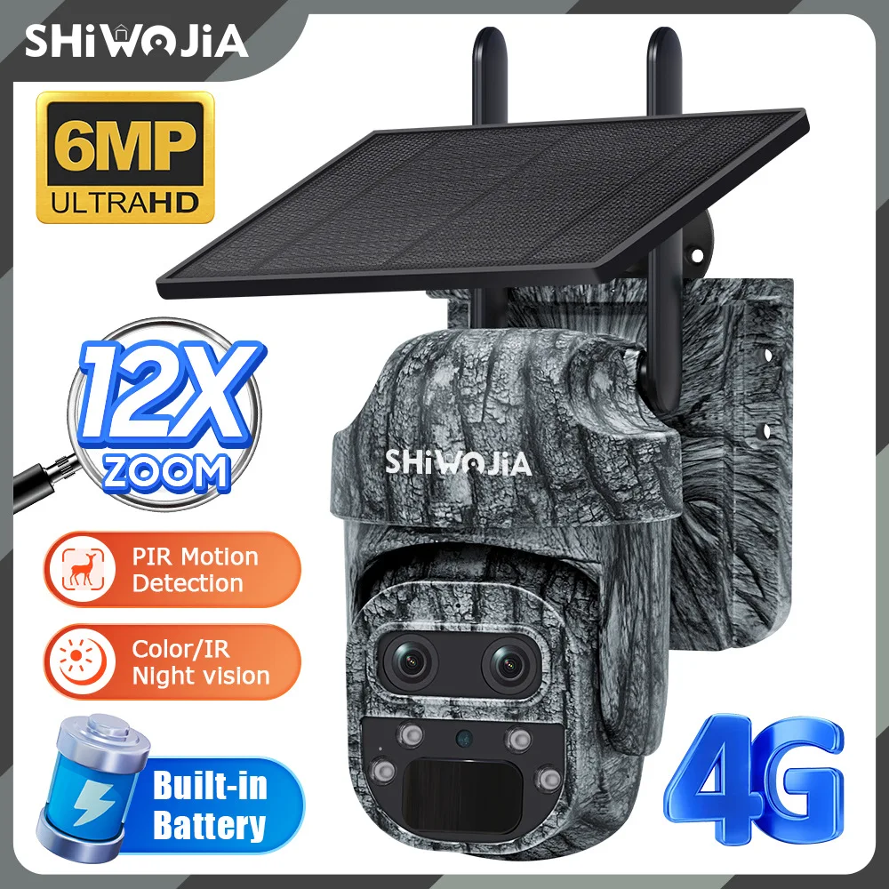 4G Solar Camera 6MP, 12X Zoom WiFi Waterproof, Camouflage Ball Outdoor Wireless for Wildlife Monitoring Use