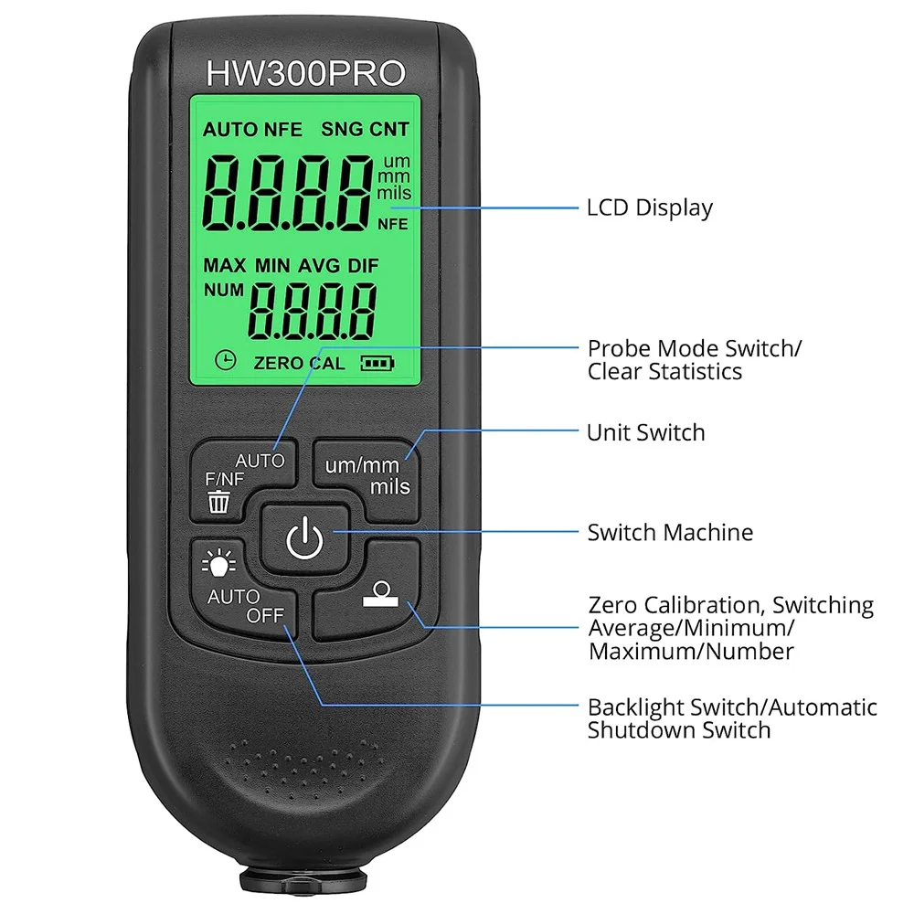 HW-300PRO Digital Coating Car Paint Tester Auto Thickness Gauge 0-2000μm Car Paint Film Thickness Tester