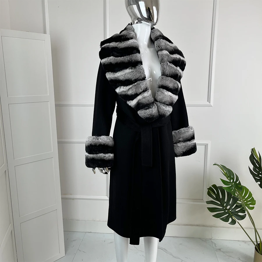 Abrigo de piel auténtica de invierno de Cachemira para mujer, abrigo de piel de conejo Rex auténtica, abrigo largo de piel de Cachemira, ropa nueva de otoño e invierno para mujer