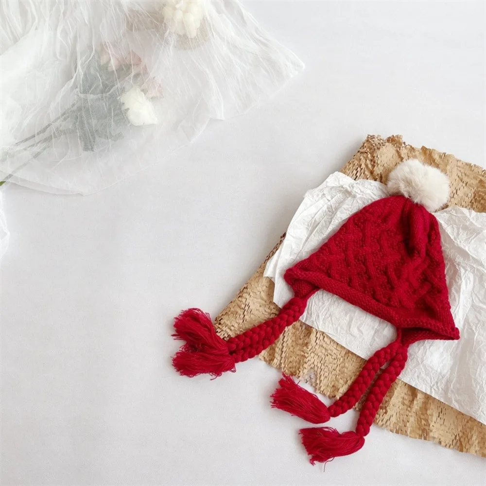 

Cute Autumn Winter Baby Crochet Hat Pom-pom Tassel Pigtail Hand Knitted Cap Outdoor Soft Warm Ear Protection Cap Boys Girls