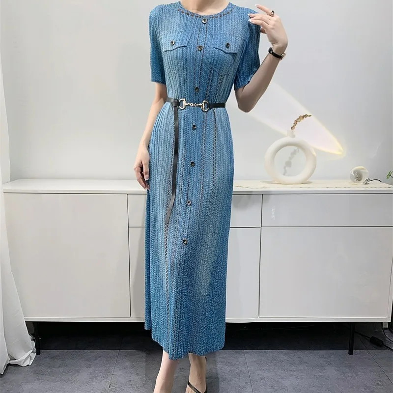 Pleated Women's Summer Short Sleeved Dress, Denim Color Versatile, Age Reducing French Casual Mid Length Dress