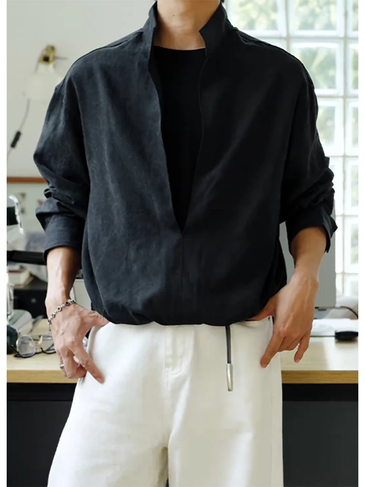 

Мужская рубашка с длинным рукавом в полоску, с воротником-стойкой, имитация двухслойности, премиум-класс, осенняя, модная, повседневная, дышащая, из полиэстера