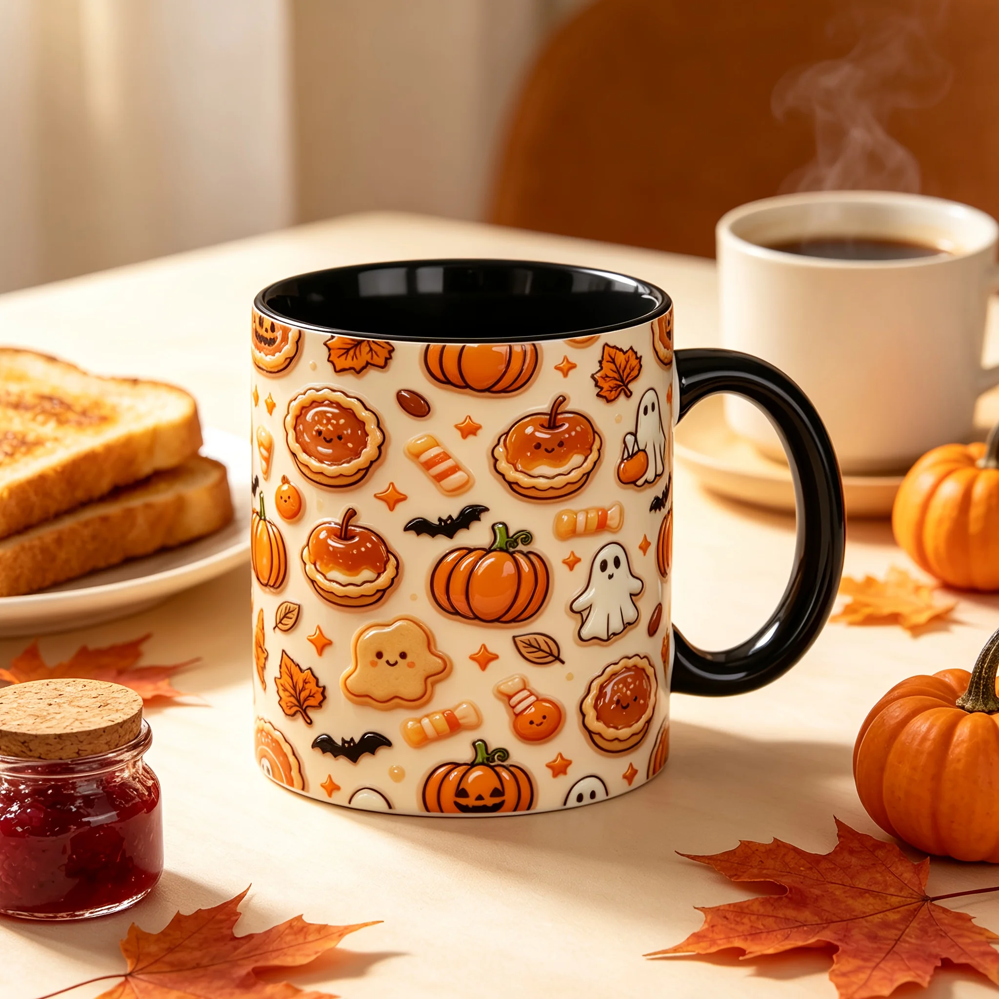 1pc Cute Suitable for & Office Ceramic Coffee Mug with Rim & Handle - Simulated 3D Autumn Halloween Mug Suitable for Pumpkin,, Bat, Candy Pie, Dishwasher for Tea/Coffee, Gift for Fall, 2D Flat