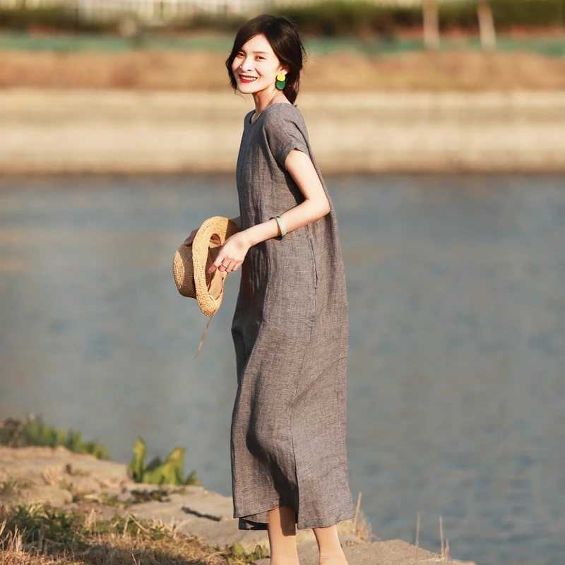 

Оригинальное летнее платье Muede из тканого льна в клетку с коротким рукавом, женское длинное платье на одно плечо, А-силуэт, повседневное