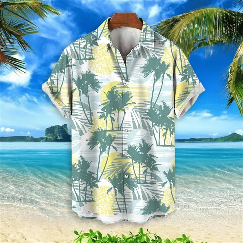 Flower Plants Pattern Hawaiian Shirt For Men Animal Flamingo 3D Printed Beach Shirts Oversize Loose Short Sleeve Aloha Shirts