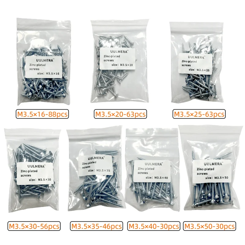 376PCS Zinc-Plated Carbon Steel Cross-Head Self-Tapping Wood Screws Set, 7 Sizes: M3.5×16 - M3.5×50 Cross Screws