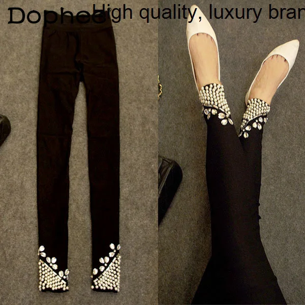 Pantaloni imbottiti in velluto addensato autunno inverno Heavy Industry Beads strass Pearl Black Women Leggings Slim Fit a vita alta