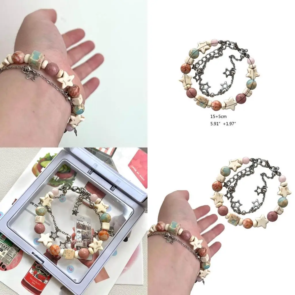 

A52E Five-pointed Star Bracelet Fashion Charm Chain Bracelet Statement Jewelry Double Layer Beaded Bracelet for Women Girls