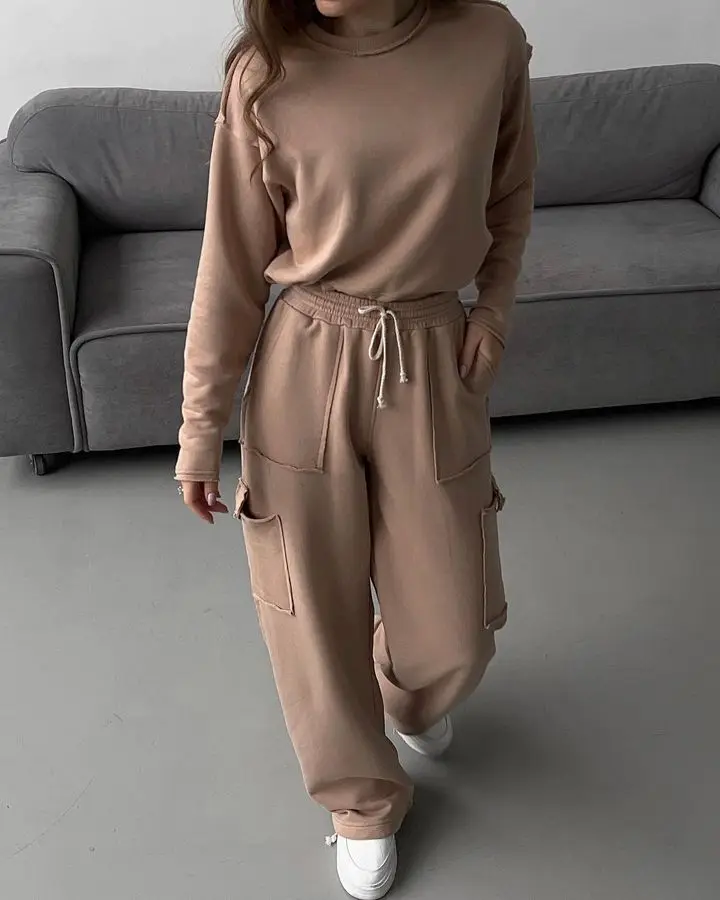 Casual Sportswear Suit Women 2023 Autumn Winter Pocket 2 Piece Sets New Style Sweatshirt Wide Leg Pants Tracksuits Running Suits