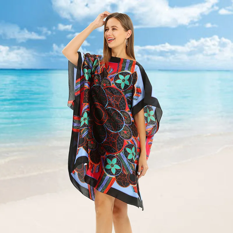 

Beach Cape Cloak WomenPoncho Seaside Holiday Spring and Summer Lady Beach Coat Shawl Imitation silk pullover printed beach P2