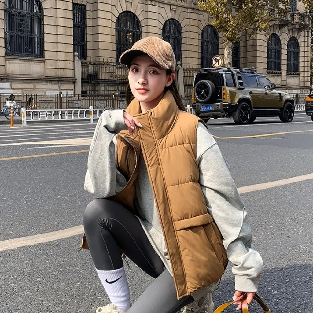 

Korean Style Women's Cotton Vest Irregular Pocket Fashionable Loose Slim Waistcoat Warm Jacket for Casual Wear