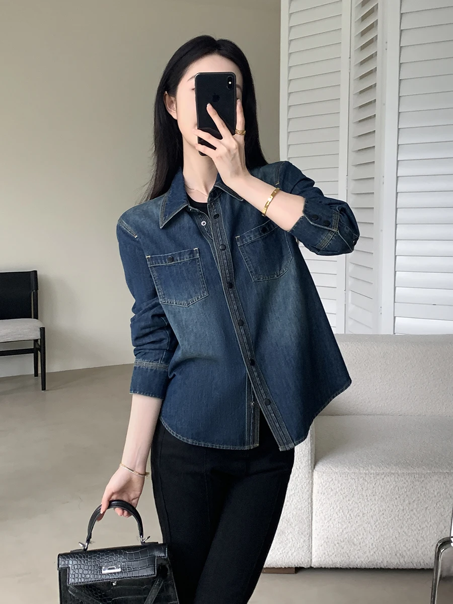 

Blue Denim irt Women's Faionable Vintage Sle Long Sve Cotton Polyester Blend Regular Fit oulder Level Top