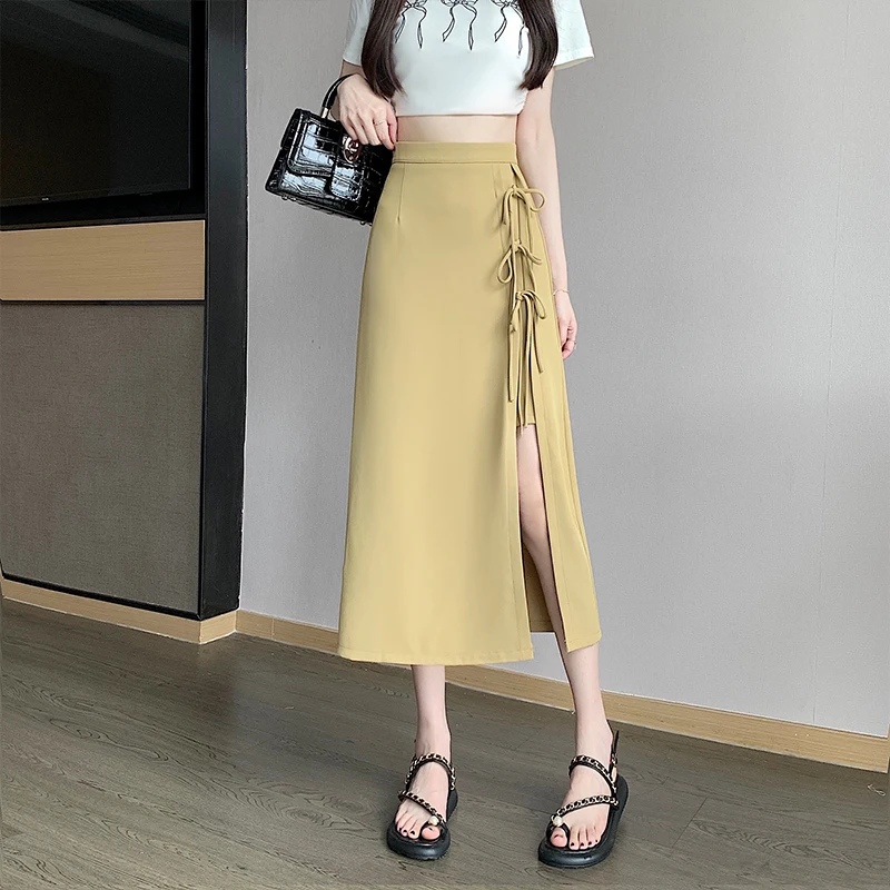 

Irregular design with a slit and strap, women's 2024 new high waisted slimming wrap hip skirt, A-line long skirt