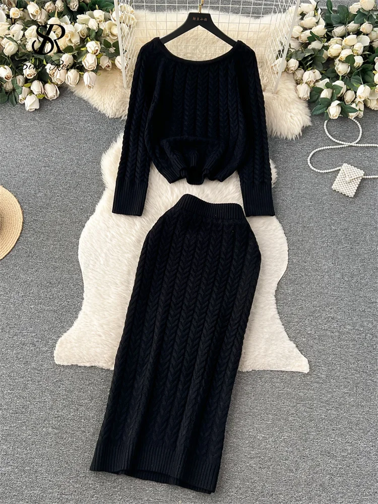 Autumn Knitted Sets Twist Drill Shape Full Sleeve Pullover+Elastic Waist Slim Bodycon Skirt Women Sweater Warm Suits Z531