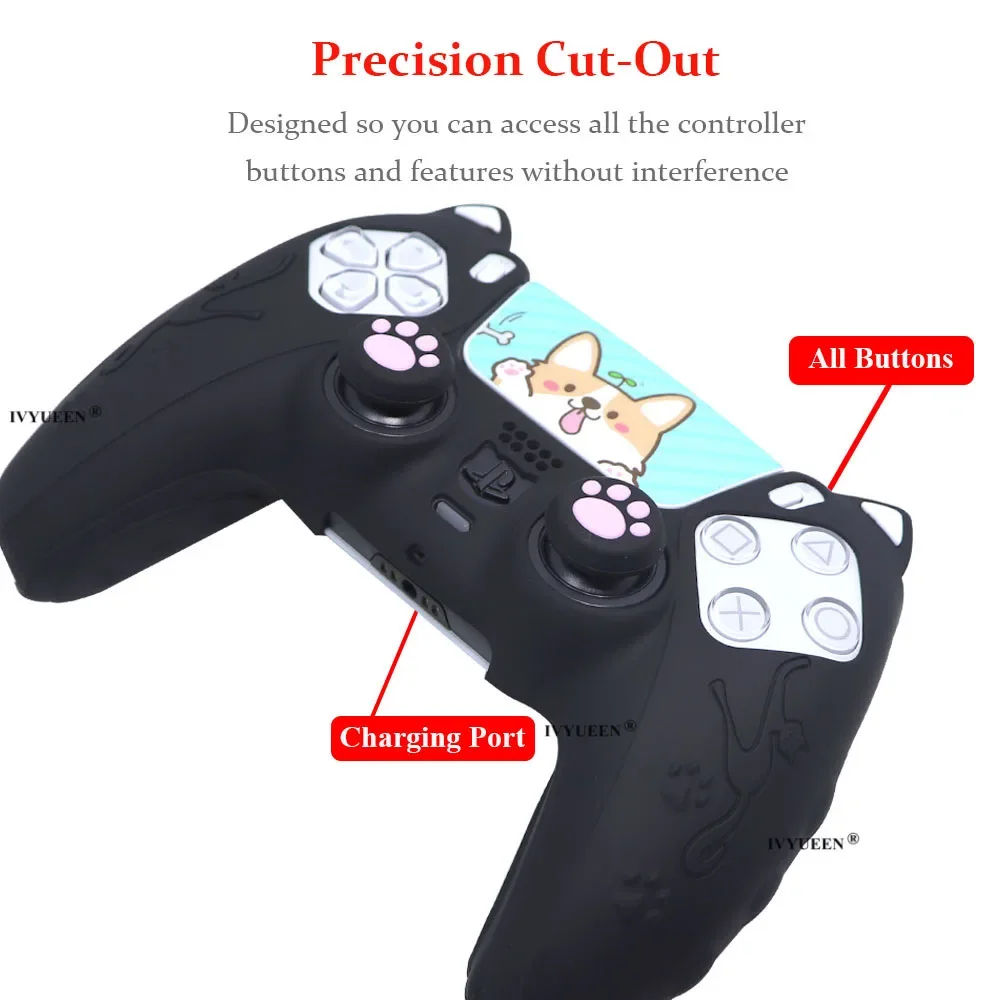 IVYUEEN Linda funda de silicona con forma de pata de gato para Playstation 5 PS5 DS5 PRO controlador delgado para funda protectora y pegatina DualSense