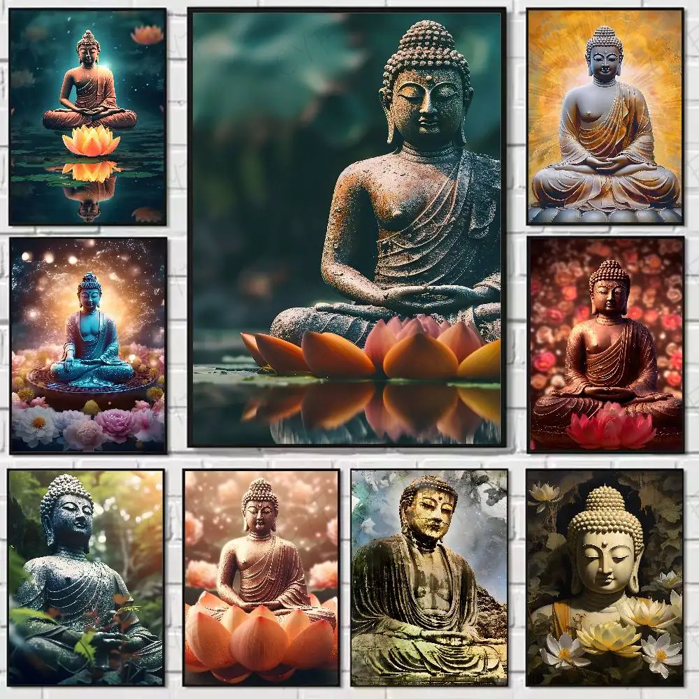 Figur des Buddha, buddhistisches Lotus-Zen-Meditations-Poster, wasserdichte Wandkunst, Poster für Wohnzimmer, Schlafzimmer, Retro-Raumdekoration, Geschenk
