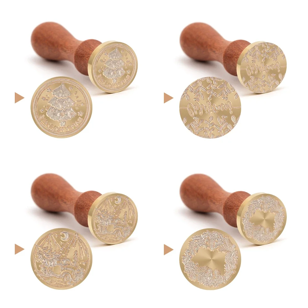 مجموعة ختم من الشمع لموسم عيد الميلاد، 4 رؤوس ختم بتصميم ومقبض واحد لتزيين حفلات عيد الميلاد ومغلفات بطاقات المعايدة