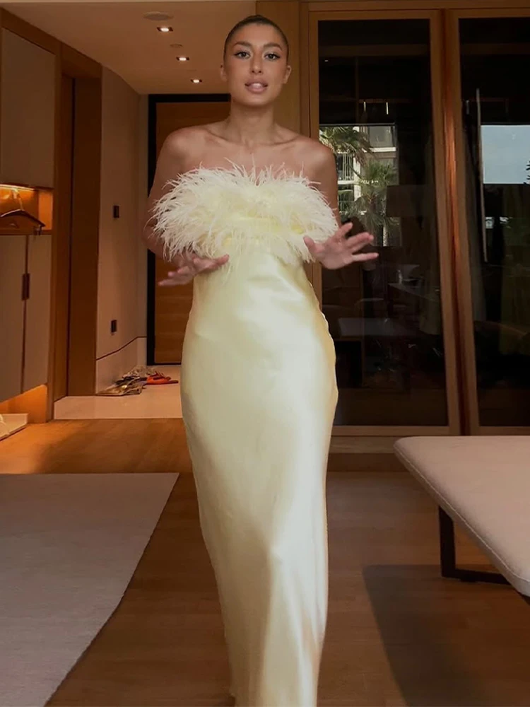 Elegant Yellow Feather Splicing Long Dress Women Chic Satin Strapless High  Waist Sleeveless Slim Robe Summer Dinner Party Gowns - AliExpress 200000345