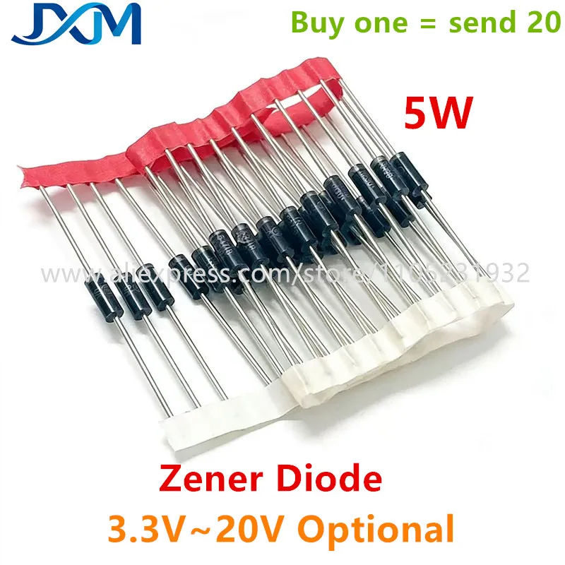 20pcs/lot 5W Zener Diode 3.3V 4.7V 5.1V 6V 6.8V 7.5V 8.2V 9.1V 10V 12V 15V 18V 20V 1N5338B 1N5339B 1N5342B 1N5349B 1N5357B DO-15