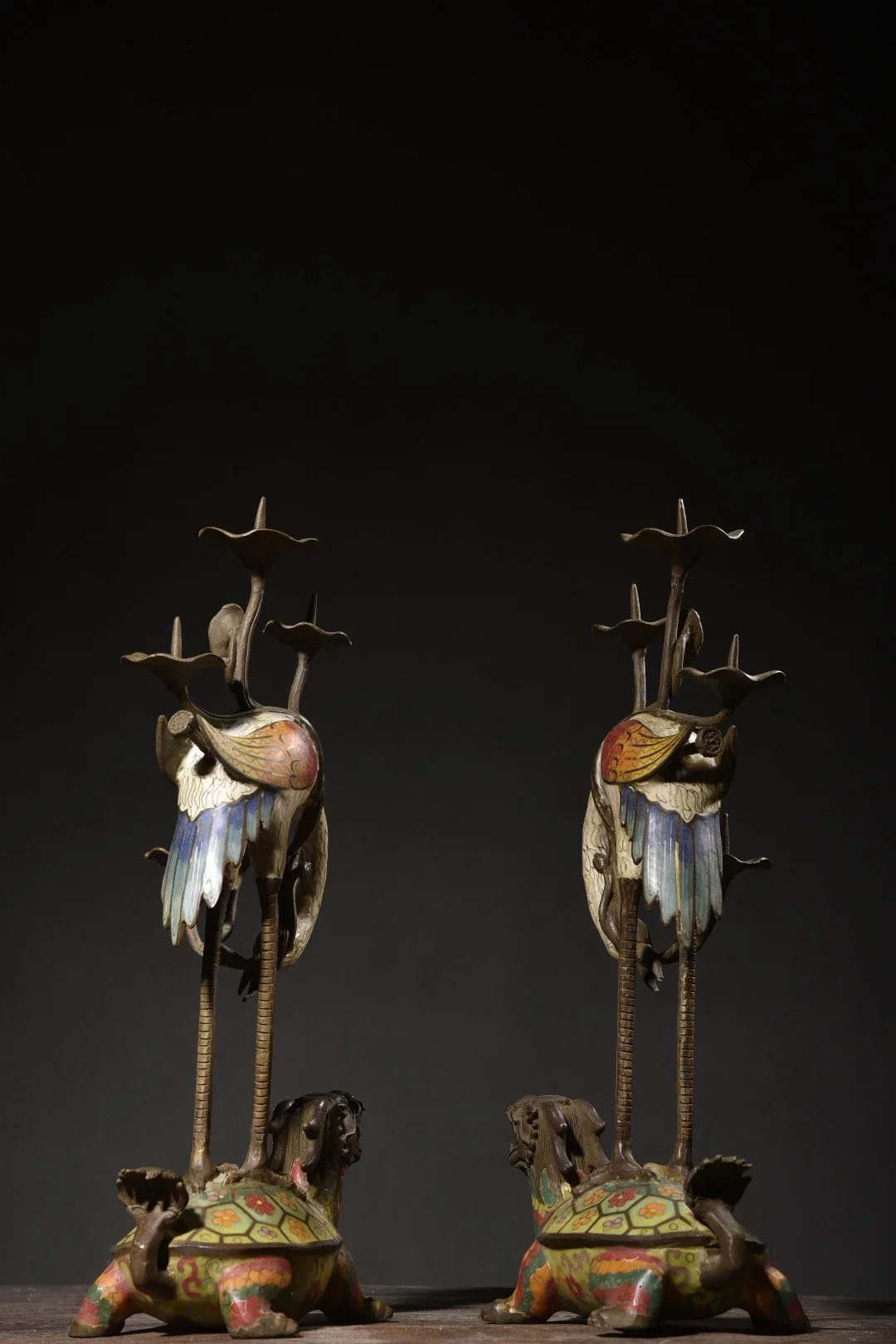 

17"Tibetan Temple Collection Old Bronze Cloisonne Longevity Crane step on Dragon Turtle Candlestick A Pair Worship Hall