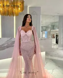 Elegant Arabic Pink Mermaid Evening Dresses with Cape Sleeves Pearls Beaded Sparkle Sequins Formal Women Wedding Party Gowns