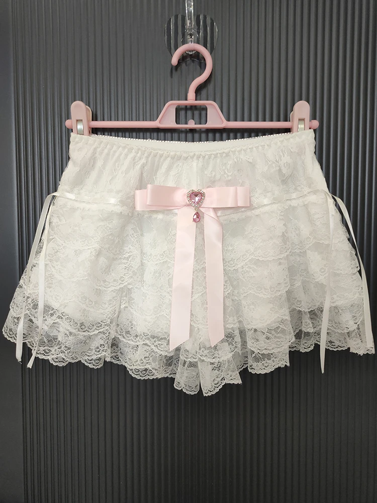 Cute Lace Shorts Lolita Safety Short Pants for Sweet Girls Elastic Waist Pink Bow Multilayer Bottoming Shorts Underwear