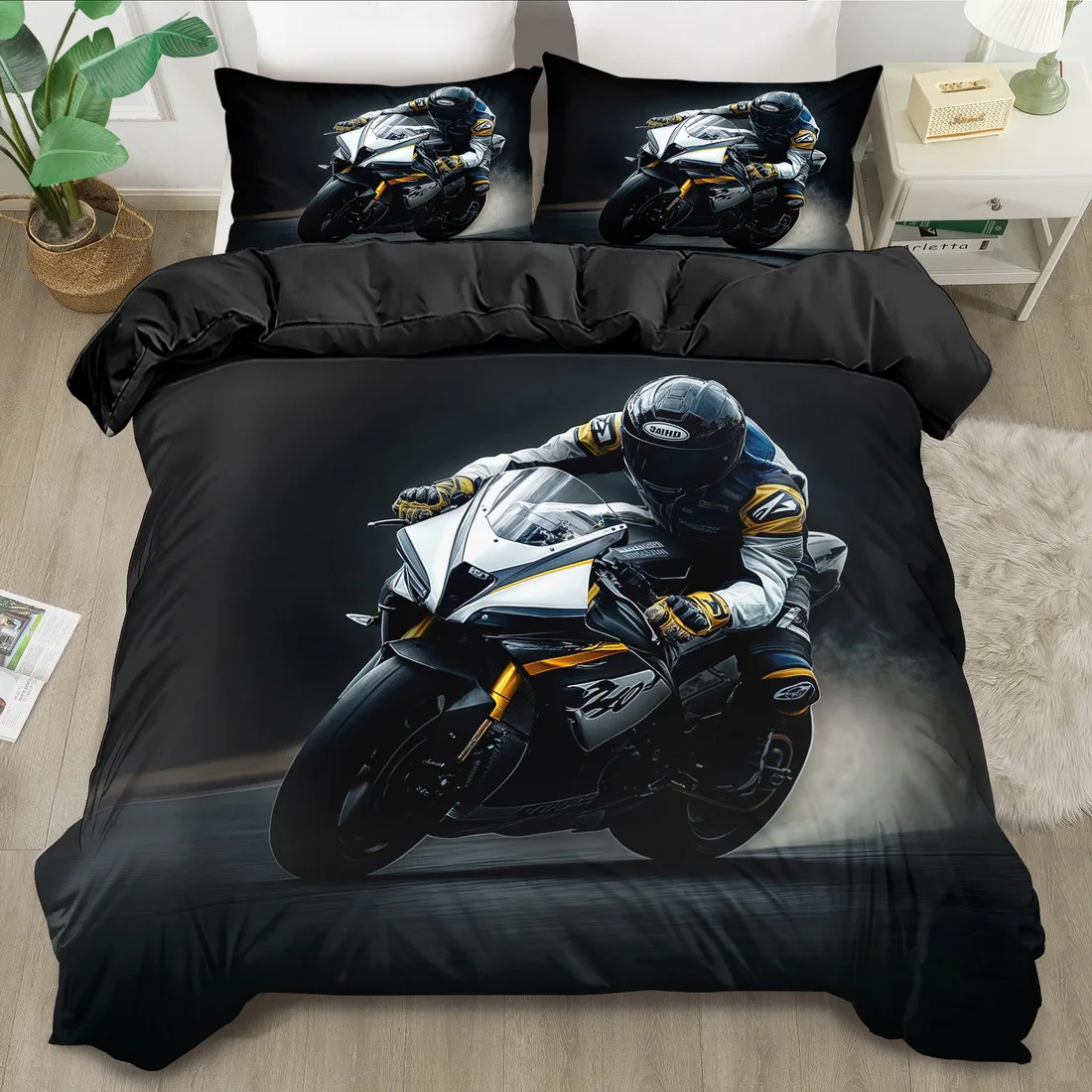 

Motorcycle Sport Print Duvet Cover Set - King/Queen Size Machine Washable Quilt Bedding Style Decor Birthday Gift