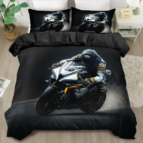 Motorcycle Sport Print Duvet Cover Set - King/Queen Size Machine Washable Quilt Bedding Style Decor Birthday Gift