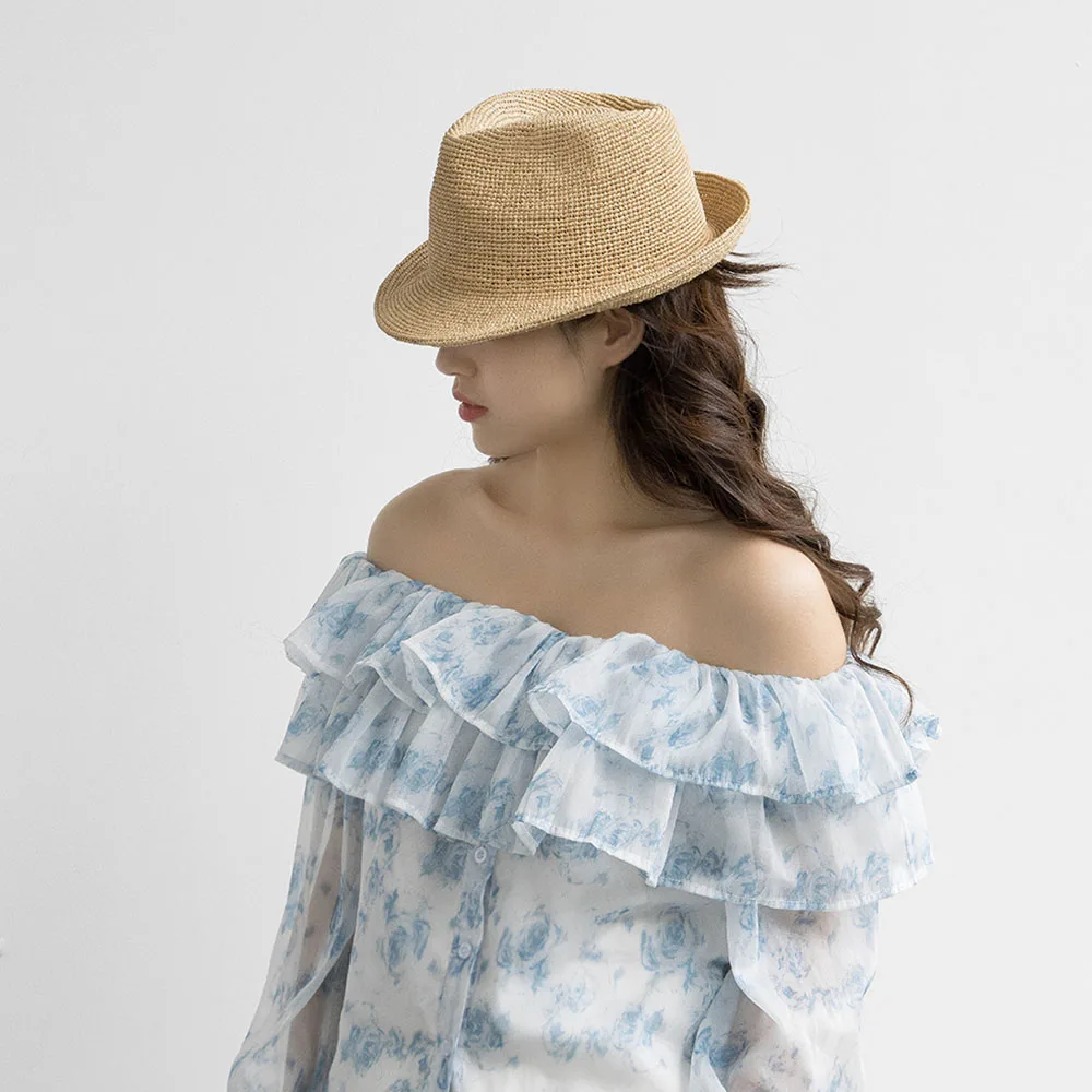 

Spring and summer new fashion casual crochet laffia grass flanged small jazz hat outdoor sunshade sunscreen straw hat