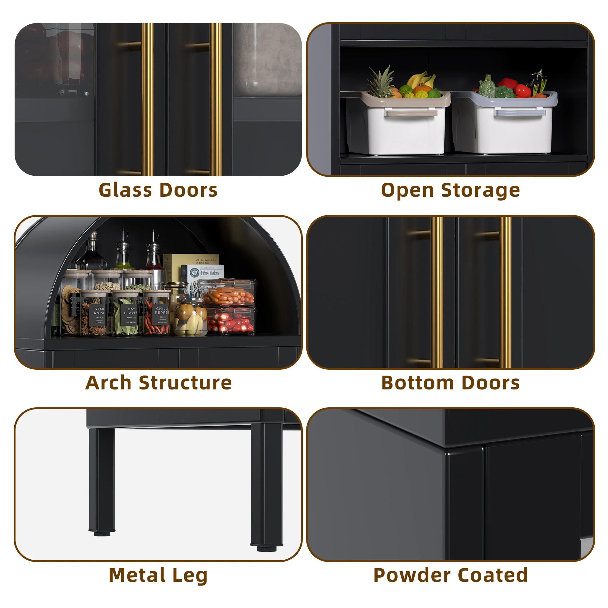 خزانة مطبخ مقوسة معدنية مقاس 72.83 بوصة ارتفاع، خزانة كتب مقوسة مع 4 أبواب للمكتب المنزلي، تتطلب التجميع، أسود