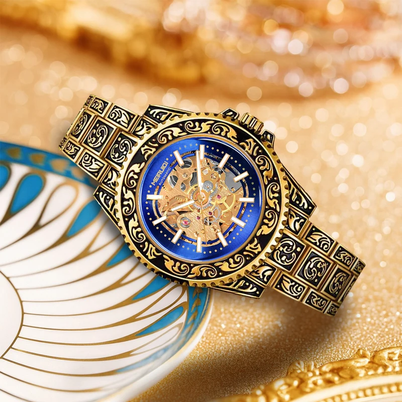 A men's yellow blue retro style exquisite carved tourbillon mechanical watch