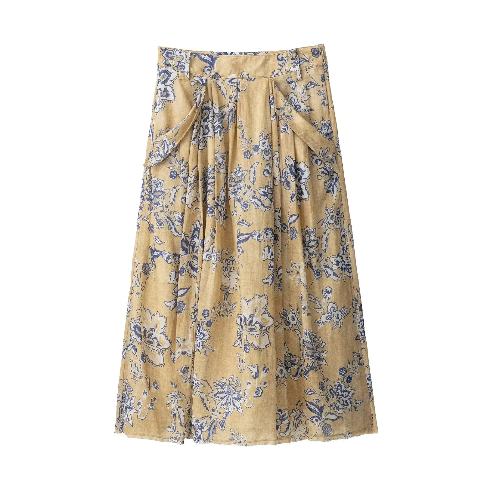 

Flower Print Vintage Pleated Skirt For Women High Waist Zipper Pocket Loose Long Skirts Elegant Chic Midi Skirt 2025 New Summer