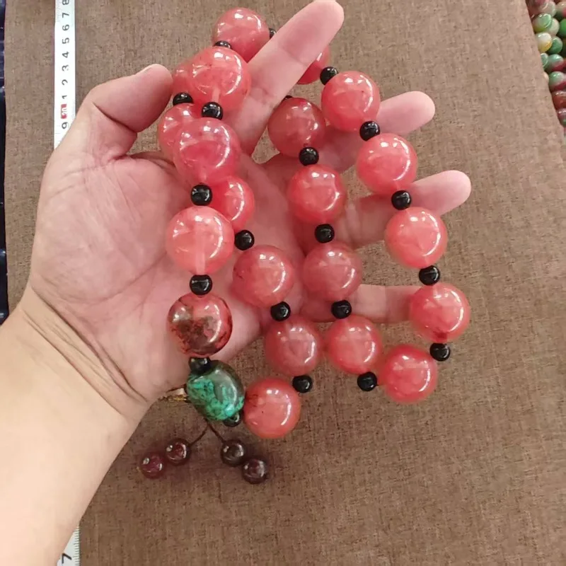 Retro Translucent Large Pink Beaded Prayer Bracelet With Drop Pendant Ethnic Fortune Charm Unisex Spiritual Hand Jewelry