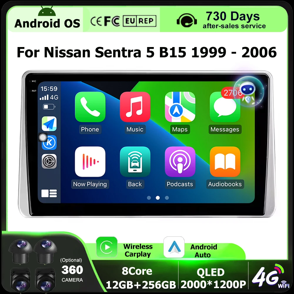 Wireless Carplay For Nissan Sentra 5 B15 1999 - 2006 Android 16 Auto Car Radio Multimedia Video Player GPS Navigation 4G BT DSP