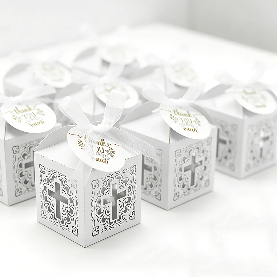 Laser Cut Cross White Candy Boxes with Tags & Ribbons