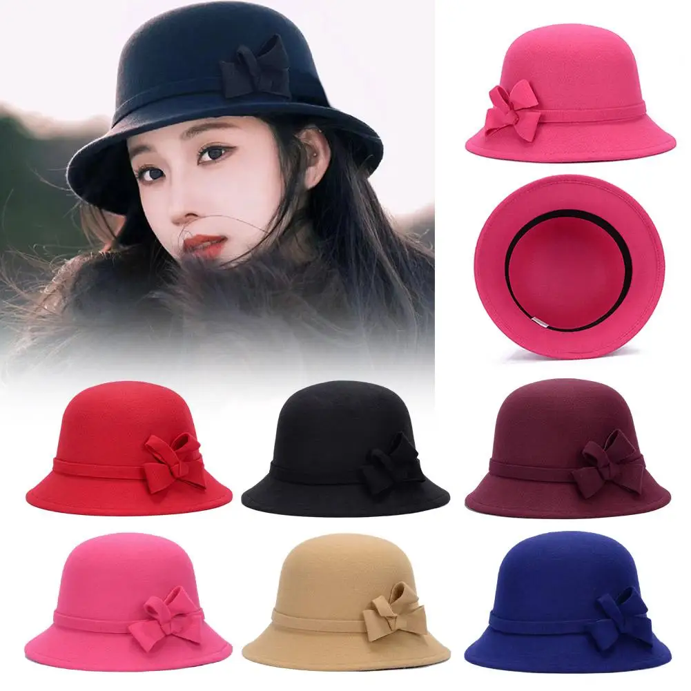 Women Woolen Hat Solid Color Wide Brim Round Dome Fedora Cap Autumn Winter Elegant Bowknot Decor Felt Hat For Daily Wear M7l6