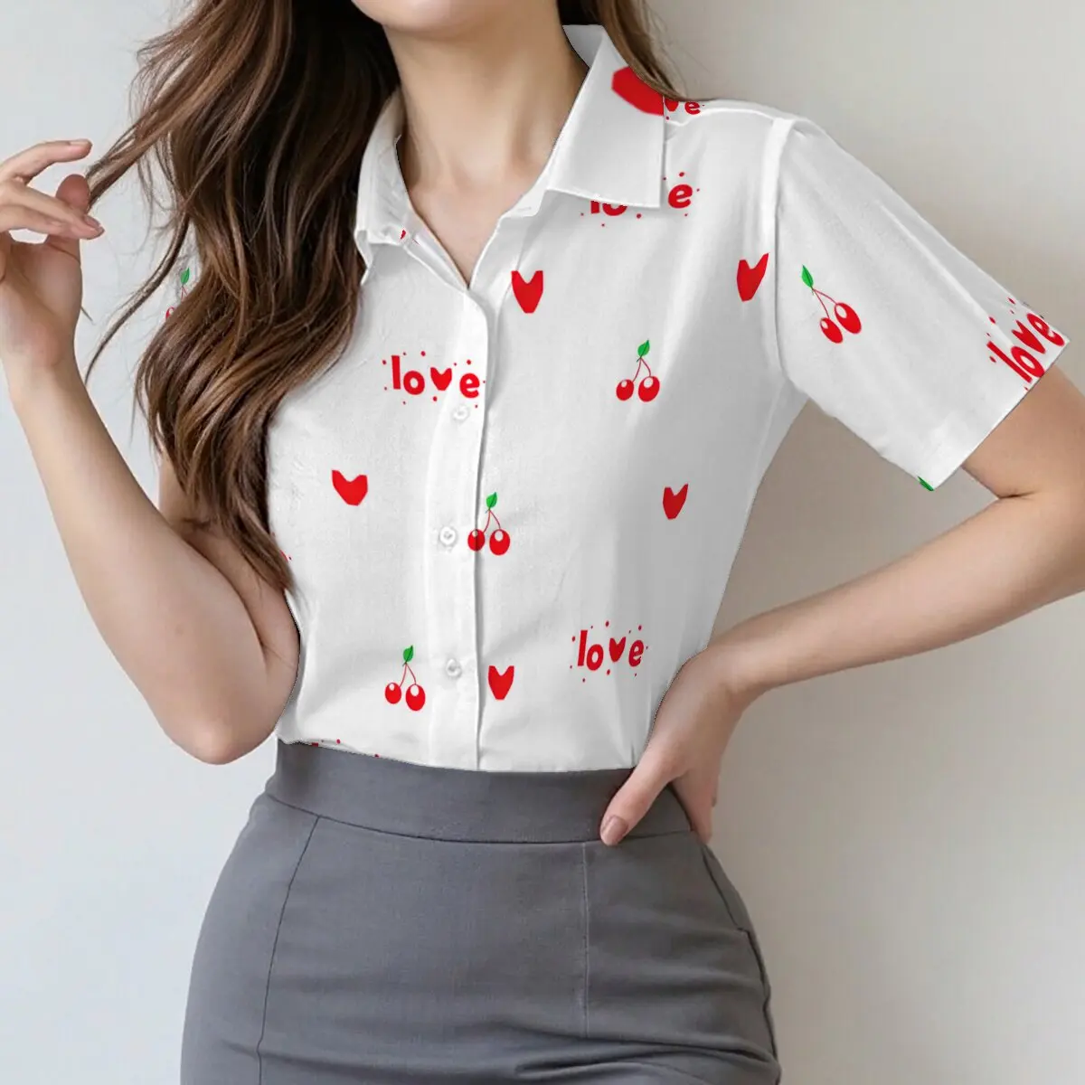 

Minimalist and Personalized Cherry Love Printed Women's Short sleeved Collar Shirt Summer Fashion Daily Versatile Casual Top