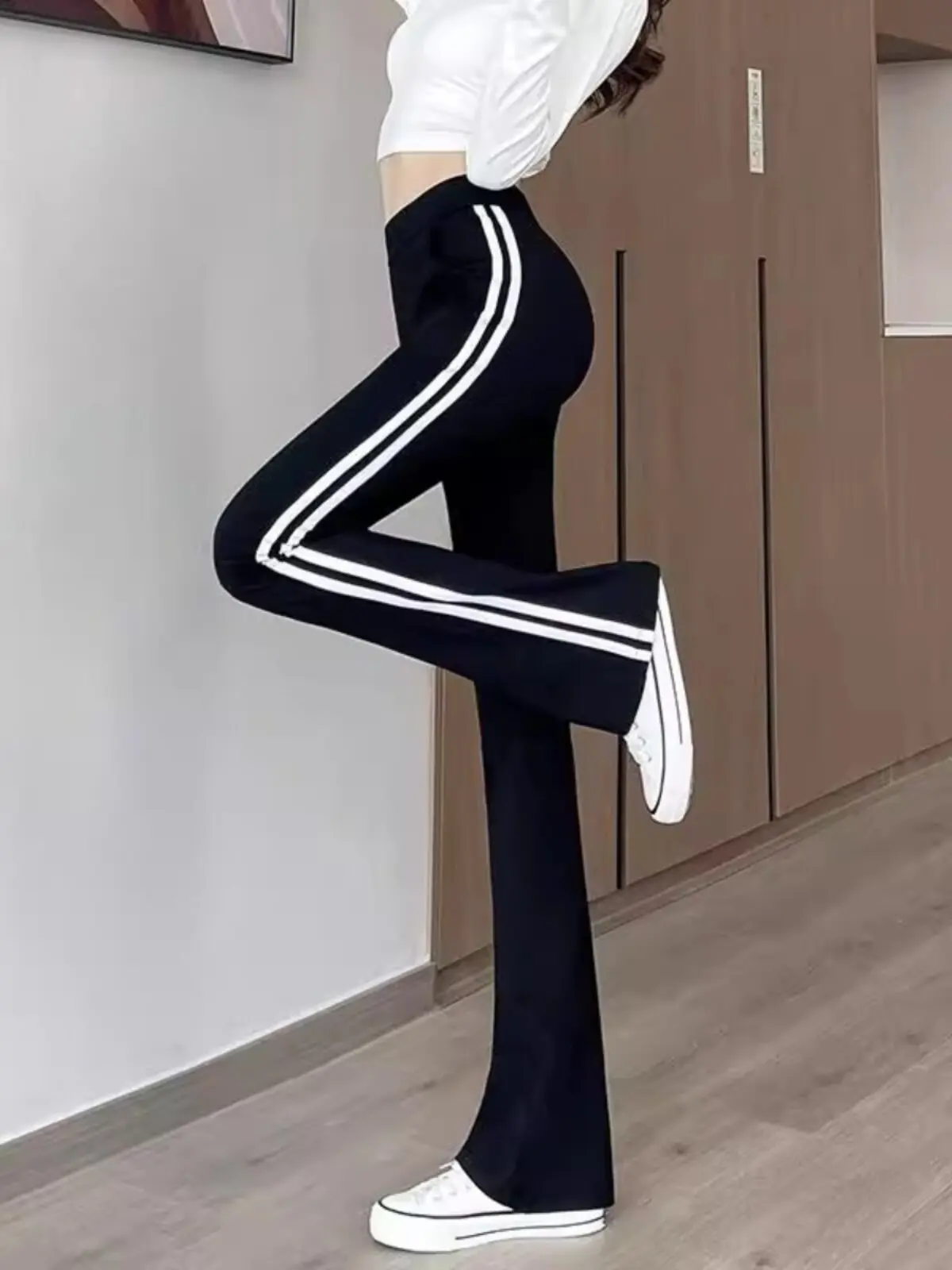 High Waist Slim Fit Striped Sports Pants Women's Micro Flared Trousers Spring Autumn 2026 New Style Elastic Casual Pants