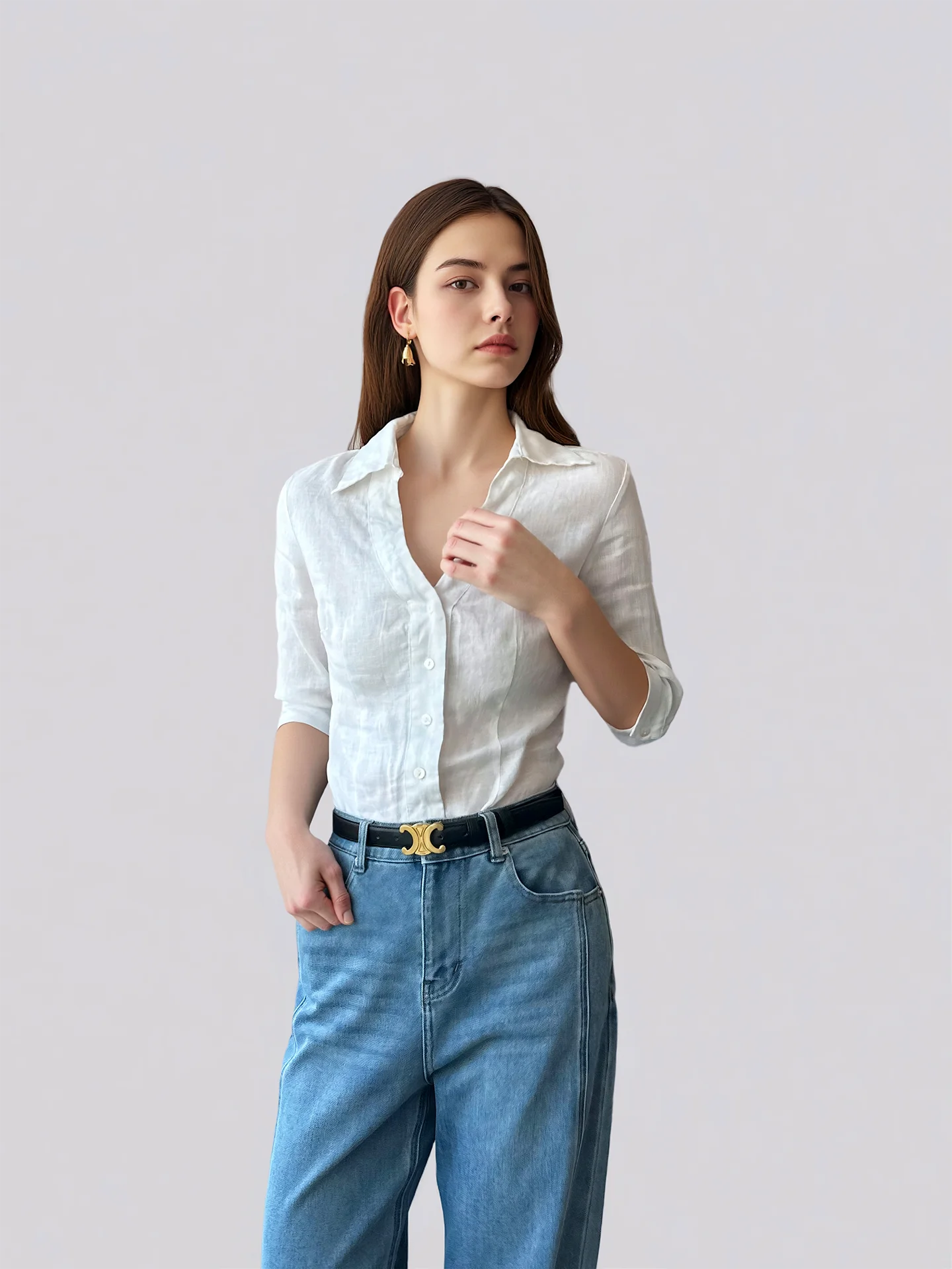 

ANGJIA Весенняя повседневная льняная рубашка женская с V-образным вырезом, средним рукавом, приталенная, белая, во французском стиле, с отворотами, стандартный крой